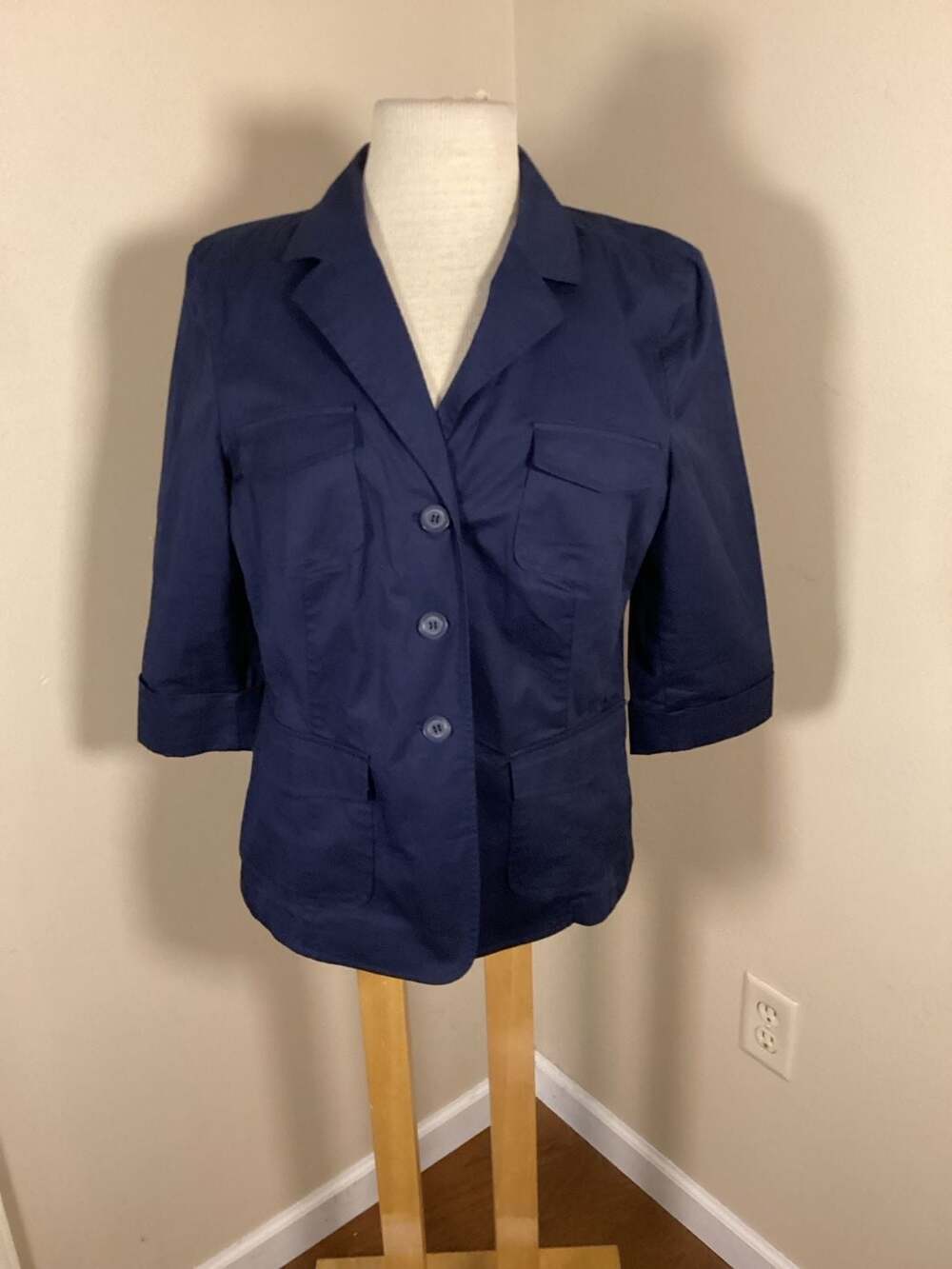 Charter Club Women's Navy Blue 3/4 Sleeve Cotton Utility Blazer Jacket Size L